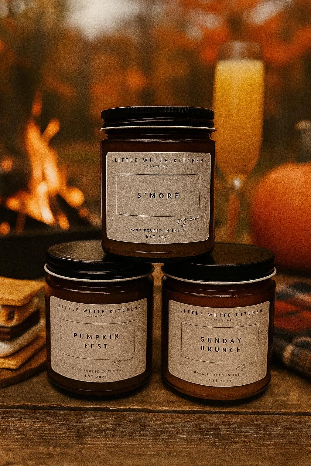 Fall Soy Wax Candle Gift Set | Amber Glass, Wooden Wick