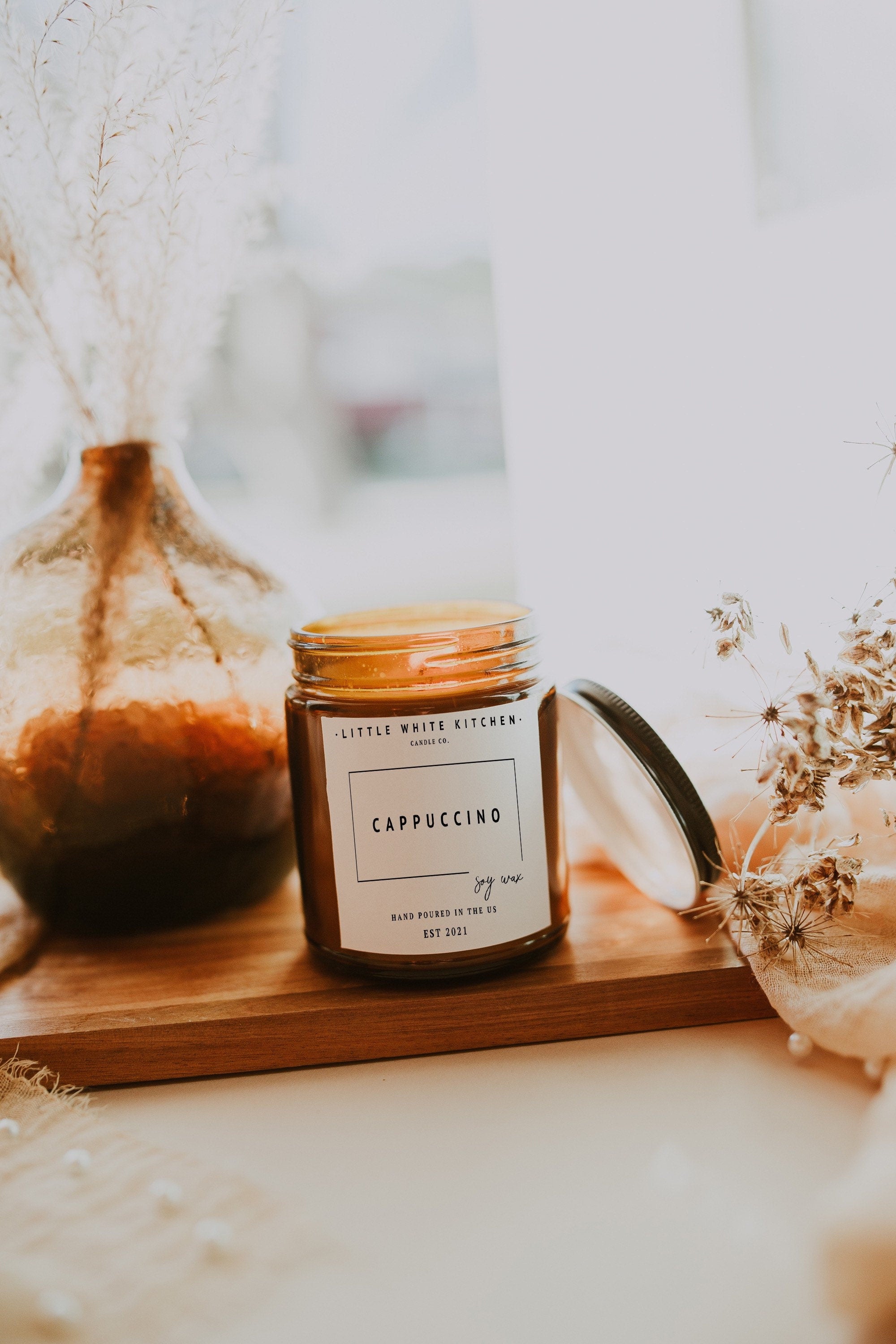 Cappuccino Scented Soy Wax Candle | Wood Wick, Amber Jar