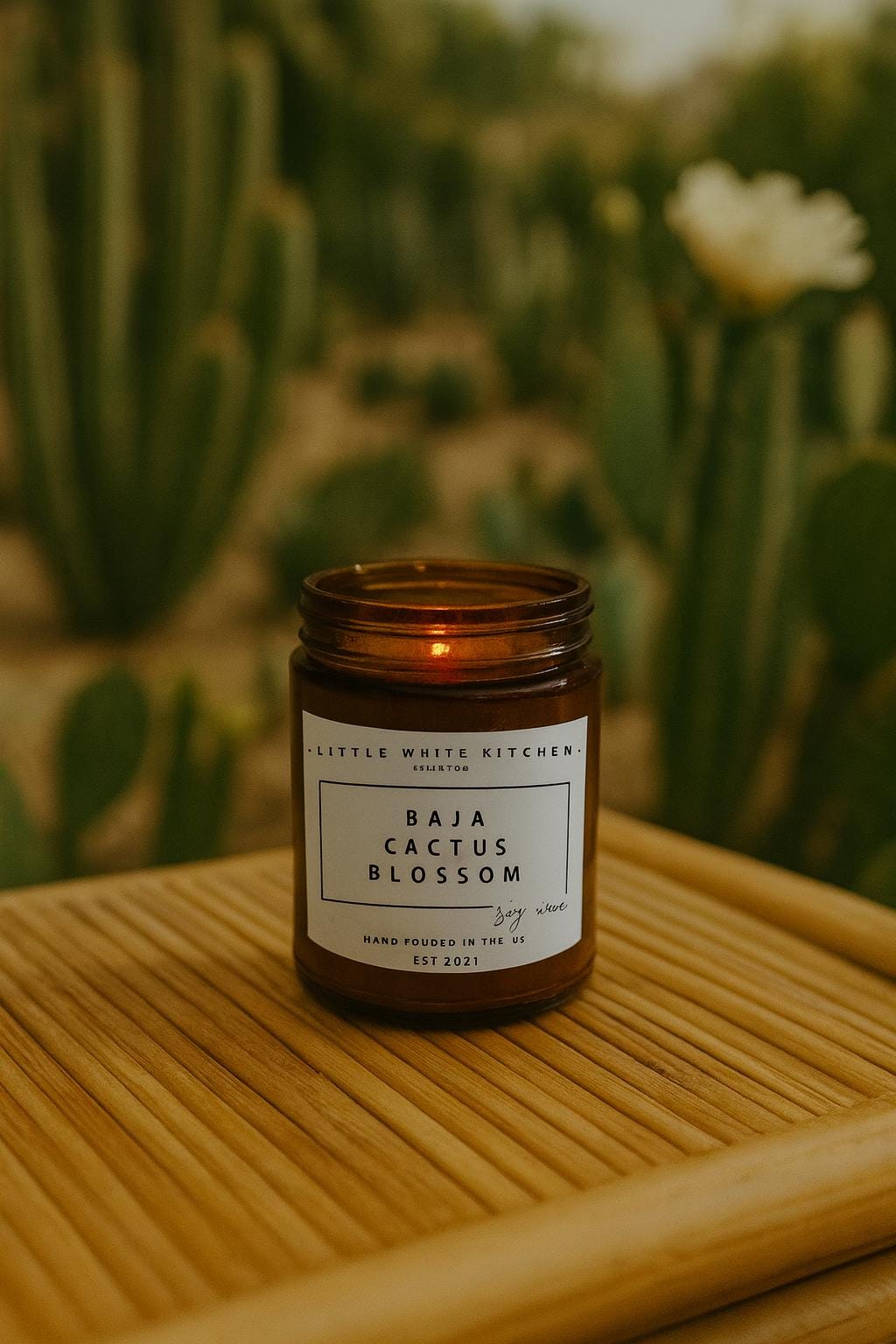 Baja Cactus Blossom Soy Candle | Wooden Wick, Scented Amber Jar