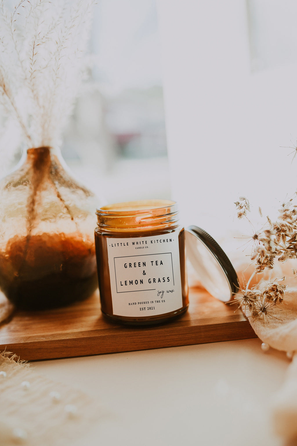 Green Tea Lemongrass Soy Wax Candle, Wood Wick, Highly Fragrant