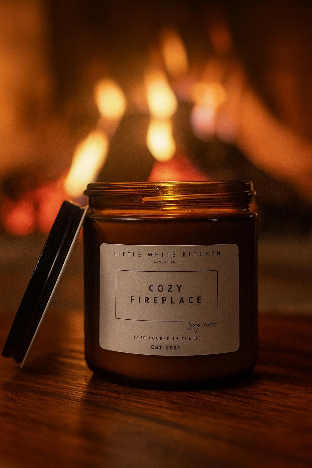 Cozy Fireplace Scented Soy Candle | Wood Wick, Amber Jar