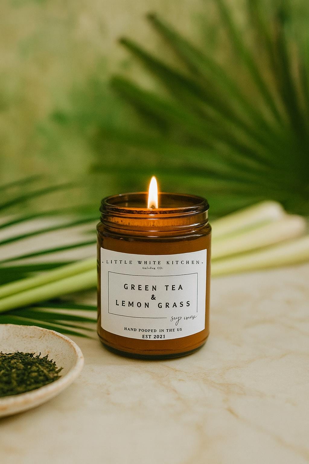 Green Tea Lemongrass Soy Wax Candle, Wood Wick, Highly Fragrant