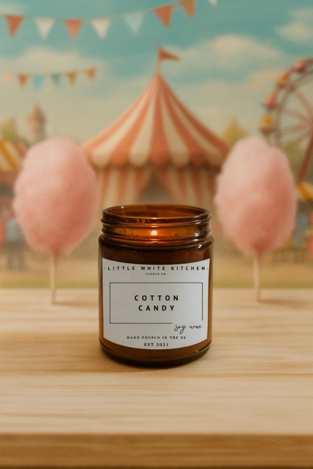 Cotton Candy Soy Candle – Spun Sugar Scent, Wooden Wick, Amber Jar